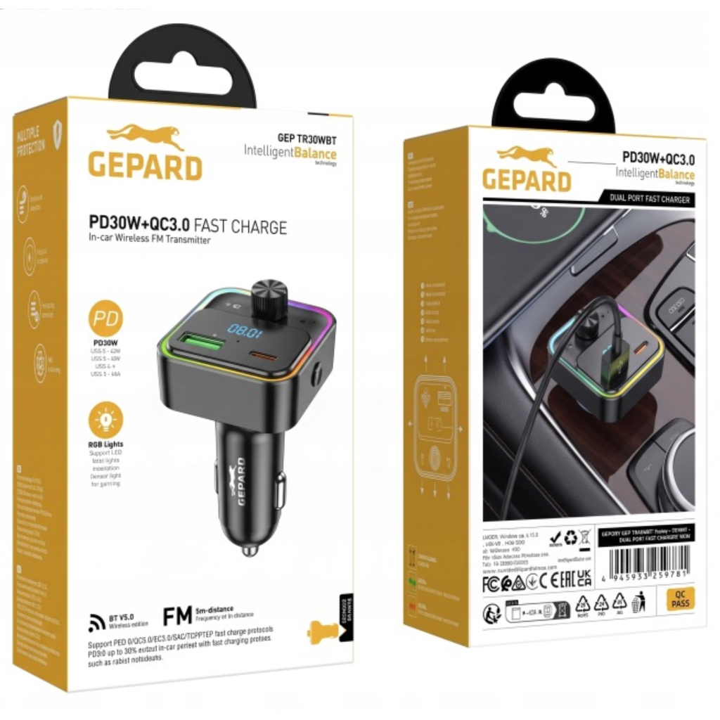 Transmiter samochodowy GEPARD BT FM PD30W QC3.0